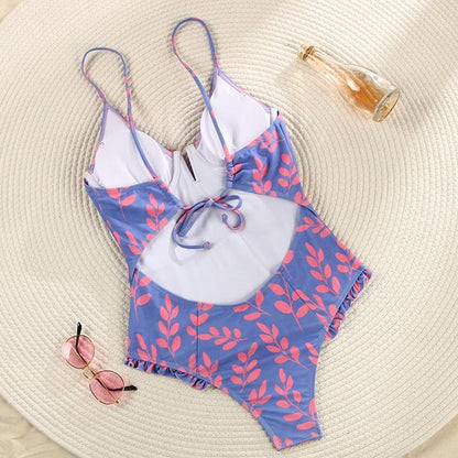 1Piece V Neck Swimwear Bathing Suit Floral Purple Black Monokini Ruffle One Piece Swimsuit The Clothing Company Sydney