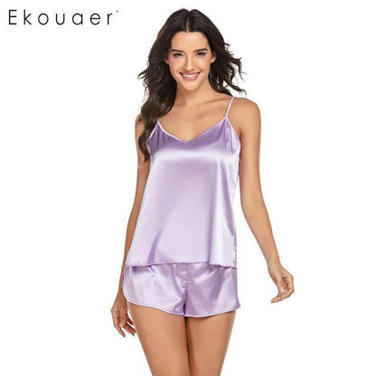 Summer Sleepwear Pyjamas Set Solid Adjustable Strap Cami Top Shorts Satin Loose Female Nightwear The Clothing Company Sydney