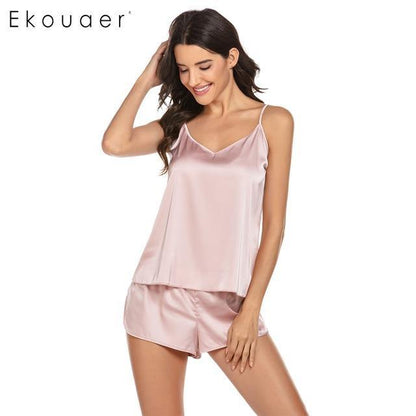 Summer Sleepwear Pyjamas Set Solid Adjustable Strap Cami Top Shorts Satin Loose Female Nightwear The Clothing Company Sydney