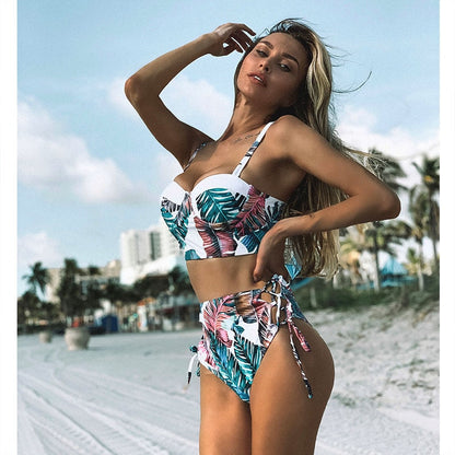 2 Piece Leaf Print Bikinis Women Swimsuit Vintage Retro Bathing Suit Halter High Waist Swimwear The Clothing Company Sydney