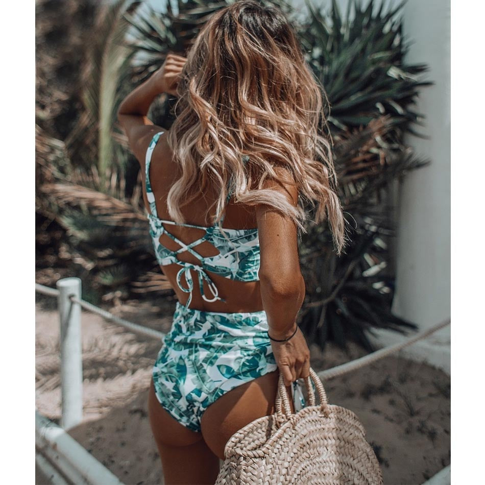 2 Piece Leaf Print Bikinis Women Swimsuit Vintage Retro Bathing Suit Halter High Waist Swimwear The Clothing Company Sydney