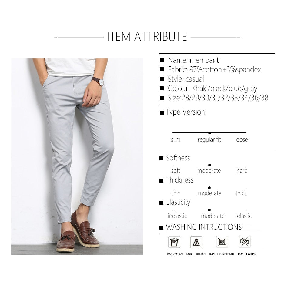 Autumn Mens Fashion Solid Color Casual Straight Slight Elastic Ankle-Length High Quality Formal Trousers Pants The Clothing Company Sydney