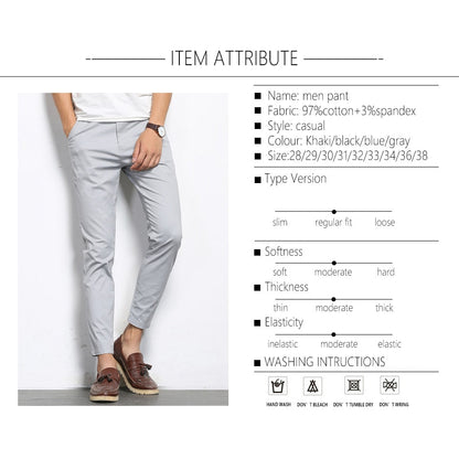 Autumn Mens Fashion Solid Color Casual Straight Slight Elastic Ankle-Length High Quality Formal Trousers Pants The Clothing Company Sydney