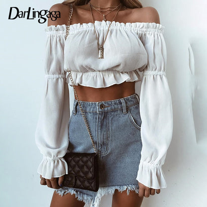 Fashion white chiffon blouse shirt off shoulder sexy crop tops ruffles pull sleeve top The Clothing Company Sydney