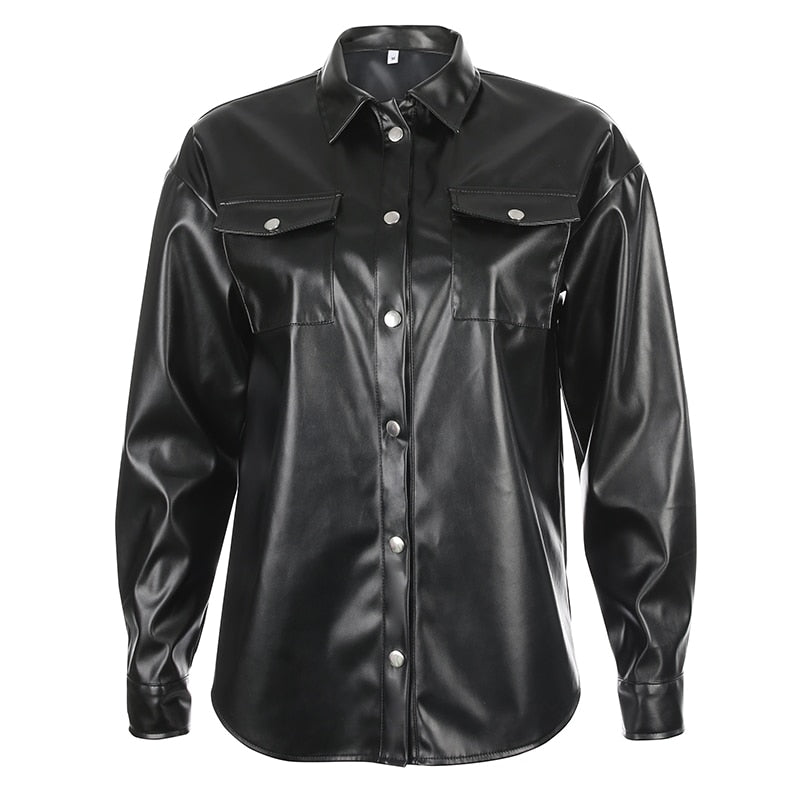 Streetwear Black PU Leather Blouse Women Cardigan Buttons Fashion Women's Shirt Top Long Sleeve Jacket The Clothing Company Sydney
