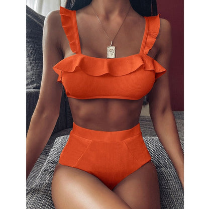 2 Piece Ruffle High Waist Swimwear Women Swimsuit Push Up Bikini Set Solid Bathing Suit Summer Beach Wear Swimming Suit The Clothing Company Sydney