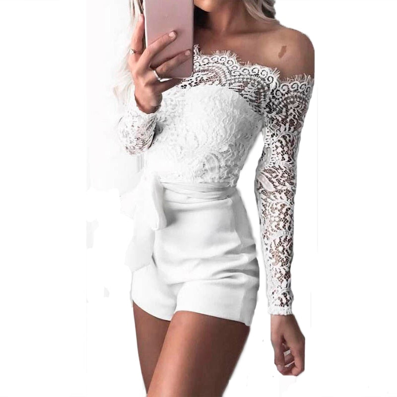 Ladies summer autumn off shoulder playsuits long sleeve sheer lace patchwork hollow bandage skinny playsuits The Clothing Company Sydney