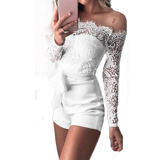 Ladies summer autumn off shoulder playsuits long sleeve sheer lace patchwork hollow bandage skinny playsuits The Clothing Company Sydney