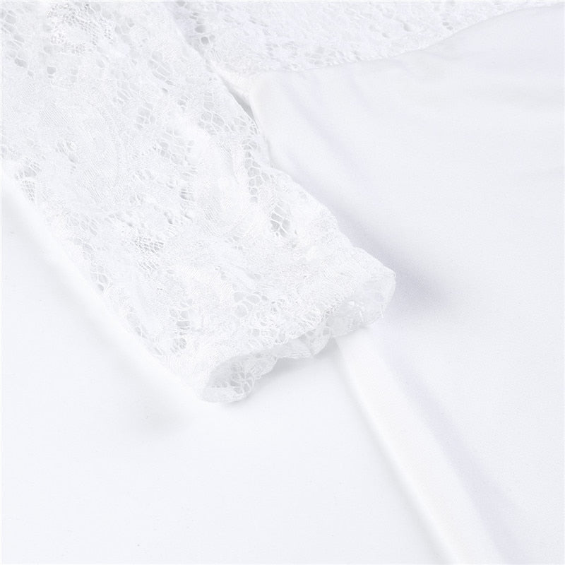 Ladies summer autumn off shoulder playsuits long sleeve sheer lace patchwork hollow bandage skinny playsuits The Clothing Company Sydney