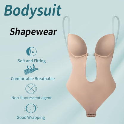 Bodysuit Shapewear Deep V-Neck Body Shaper Backless U Plunge Thong Shapers Waist Trainer Clear Strap Padded Push Up Corset The Clothing Company Sydney