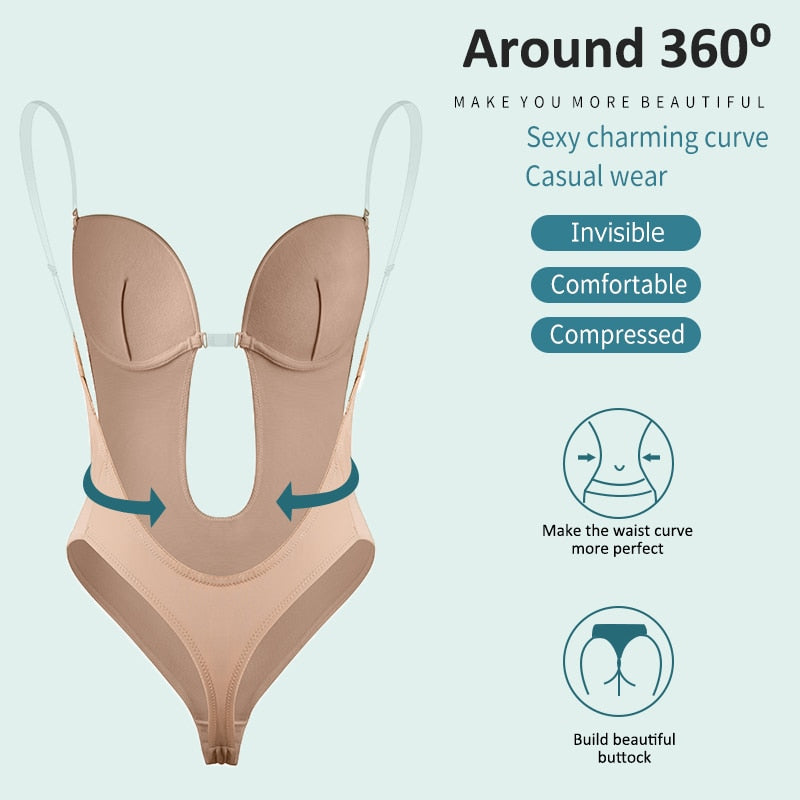 Bodysuit Shapewear Deep V-Neck Body Shaper Backless U Plunge Thong Shapers Waist Trainer Clear Strap Padded Push Up Corset The Clothing Company Sydney