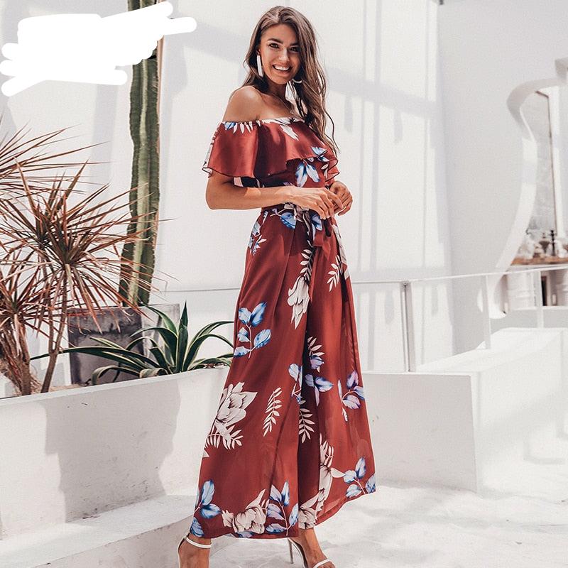 Bohemian floral print Elegant off shoulder sashes ladies long Summer ruffled playsuit Jumpsuit The Clothing Company Sydney