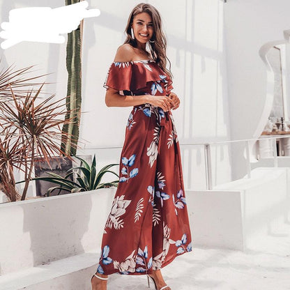 Bohemian floral print Elegant off shoulder sashes ladies long Summer ruffled playsuit Jumpsuit The Clothing Company Sydney