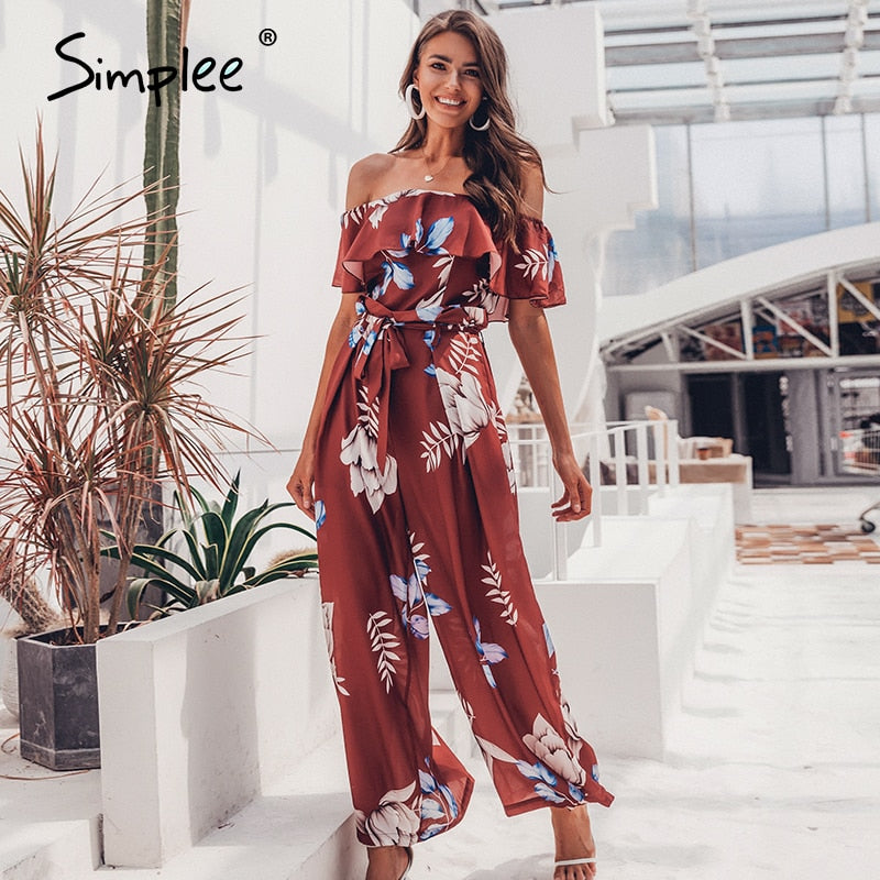 Bohemian floral print Elegant off shoulder sashes ladies long Summer ruffled playsuit Jumpsuit The Clothing Company Sydney