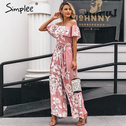 Bohemian floral print Elegant off shoulder sashes ladies long Summer ruffled playsuit Jumpsuit The Clothing Company Sydney