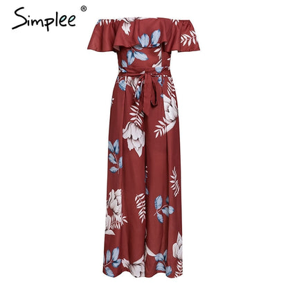Bohemian floral print Elegant off shoulder sashes ladies long Summer ruffled playsuit Jumpsuit The Clothing Company Sydney