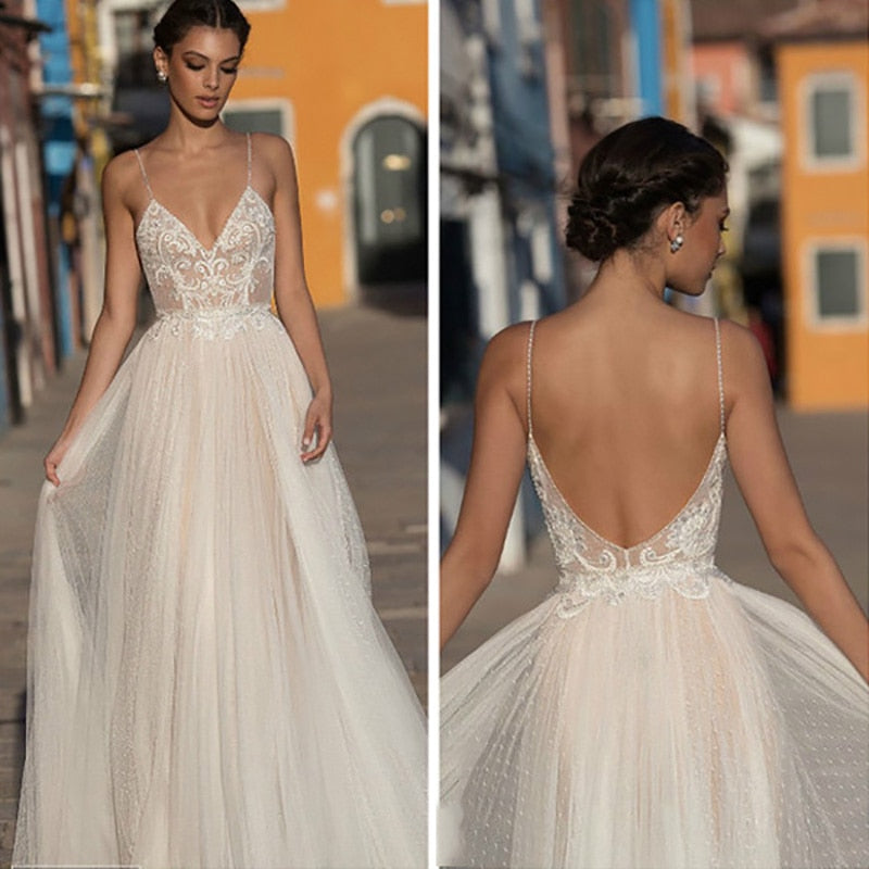 Beach Boho Bohemian Lace Bridal Backless Spaghetti Straps V Neck Wedding Gowns Dress The Clothing Company Sydney