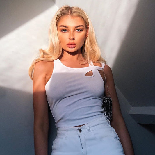 Sleeveless Summer White Tank Top Bandage Hollow Out Ribbed Crop Tops Tees Fashion Fitness Mini Vest Top The Clothing Company Sydney