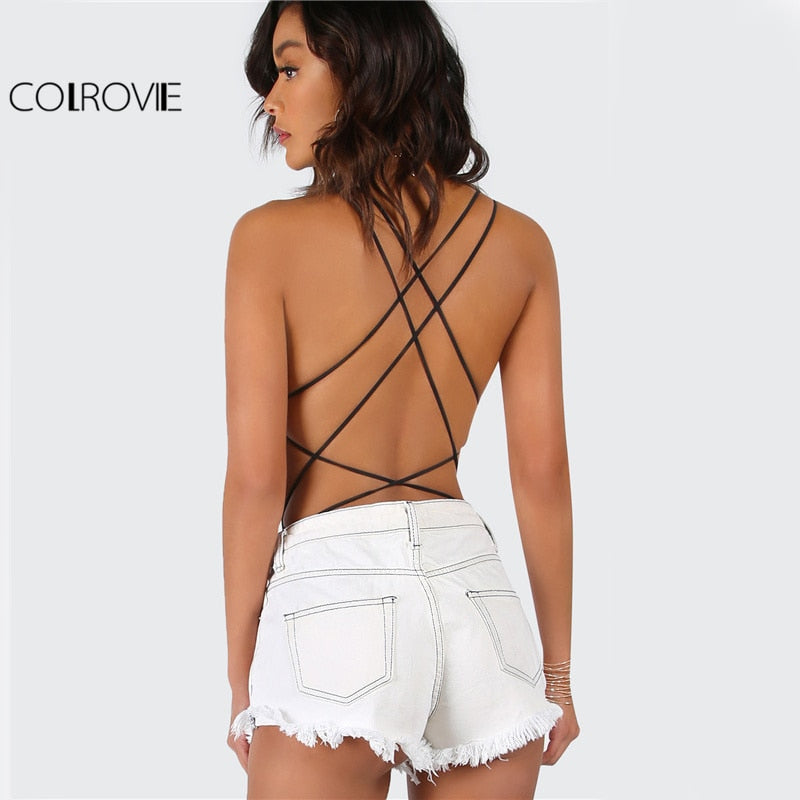 Strappy Backless Women Black Sleeveless Summer Beach Scoop Neck Cross Slim Cami Bodysuit The Clothing Company Sydney