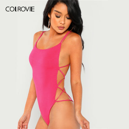 Strappy Backless Women Black Sleeveless Summer Beach Scoop Neck Cross Slim Cami Bodysuit The Clothing Company Sydney