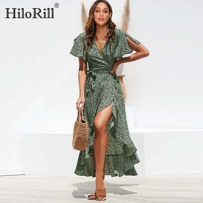 Summer Beach Maxi Floral Print Boho Long Ruffles Wrap Casual V-Neck Split  Party Dress The Clothing Company Sydney
