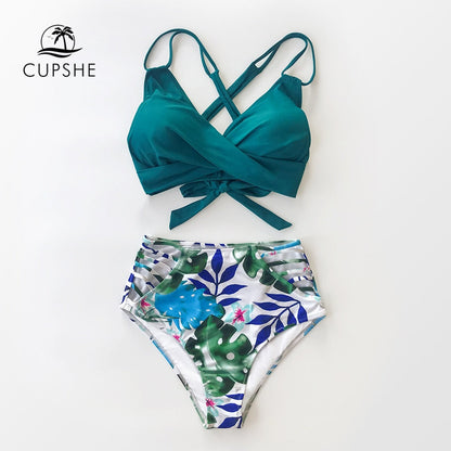Tropical Palms Twist-Front High-Waisted Bikini Sexy Lace Up Swimsuit Two Piece Swimwear Beach Bathing Suit The Clothing Company Sydney