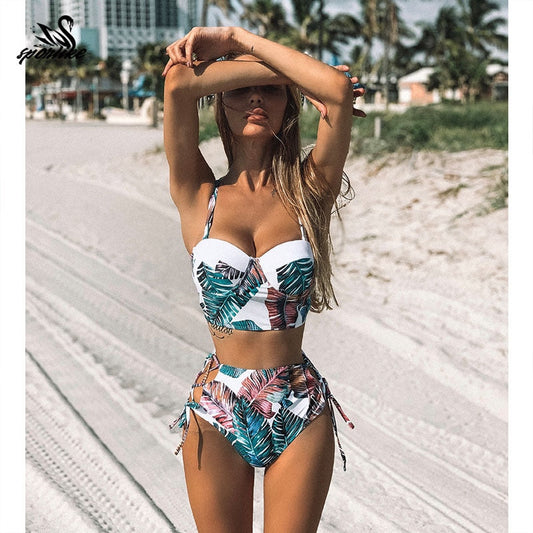 2 Piece Leaf Print Bikinis Women Swimsuit Vintage Retro Bathing Suit Halter High Waist Swimwear The Clothing Company Sydney