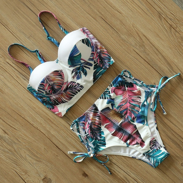2 Piece Leaf Print Bikinis Women Swimsuit Vintage Retro Bathing Suit Halter High Waist Swimwear The Clothing Company Sydney
