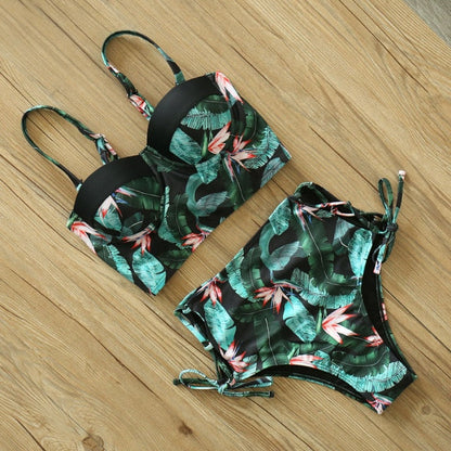 2 Piece Leaf Print Bikinis Women Swimsuit Vintage Retro Bathing Suit Halter High Waist Swimwear The Clothing Company Sydney