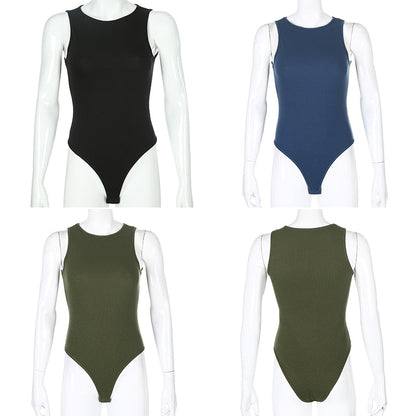 Black Sleeveless Ribbed Knitted Summer Solid Basic Bodycon Jumpsuit Body Women Fashion Bodysuit The Clothing Company Sydney
