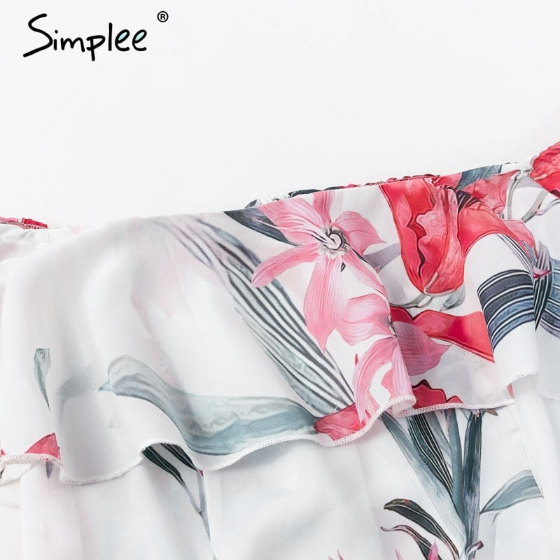 Bohemian floral print Elegant off shoulder sashes ladies long Summer beach ruffled playsuit Jumpsuit The Clothing Company Sydney