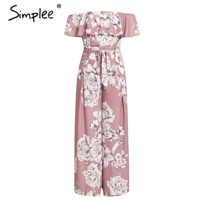 Bohemian floral print Elegant off shoulder sashes ladies long Summer beach ruffled playsuit Jumpsuit The Clothing Company Sydney
