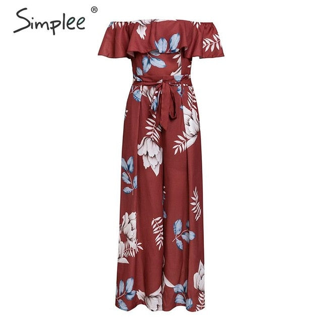 Bohemian floral print Elegant off shoulder sashes ladies long Summer beach ruffled playsuit Jumpsuit The Clothing Company Sydney