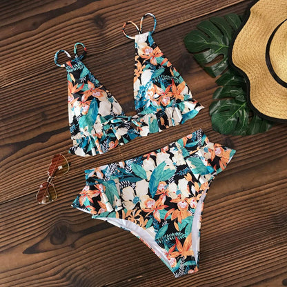 2 Piece Print Sexy Bathing Suit Cute Swimwear Women Swimsuit Ruffle Shoulder Brazilian High Waist Bikini Set The Clothing Company Sydney