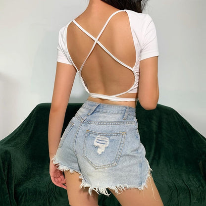Backless t shirt crop top summer short sleeve lace up criss cross party club streetwear T shirt slim tops The Clothing Company Sydney
