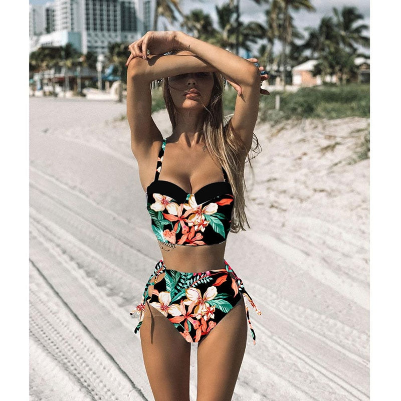 2 Piece Leaf Print Bikinis Women Swimsuit Vintage Retro Bathing Suit Halter High Waist Swimwear The Clothing Company Sydney
