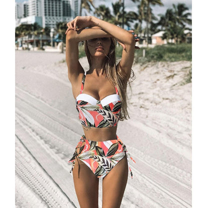 2 Piece Leaf Print Bikinis Women Swimsuit Vintage Retro Bathing Suit Halter High Waist Swimwear The Clothing Company Sydney