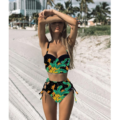2 Piece Leaf Print Bikinis Women Swimsuit Vintage Retro Bathing Suit Halter High Waist Swimwear The Clothing Company Sydney