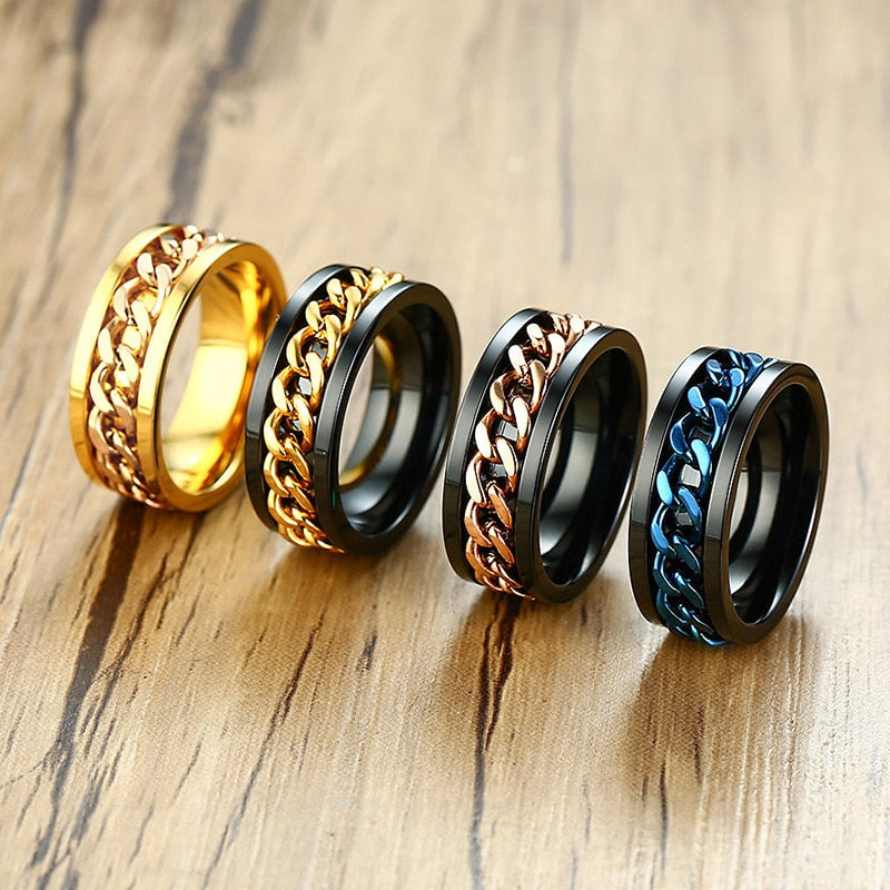 Spinner Chain Ring Men's Stainless Steel Fidget Metal Gold Black Blue silver Color Reliever Stress Jewellery Ring The Clothing Company Sydney