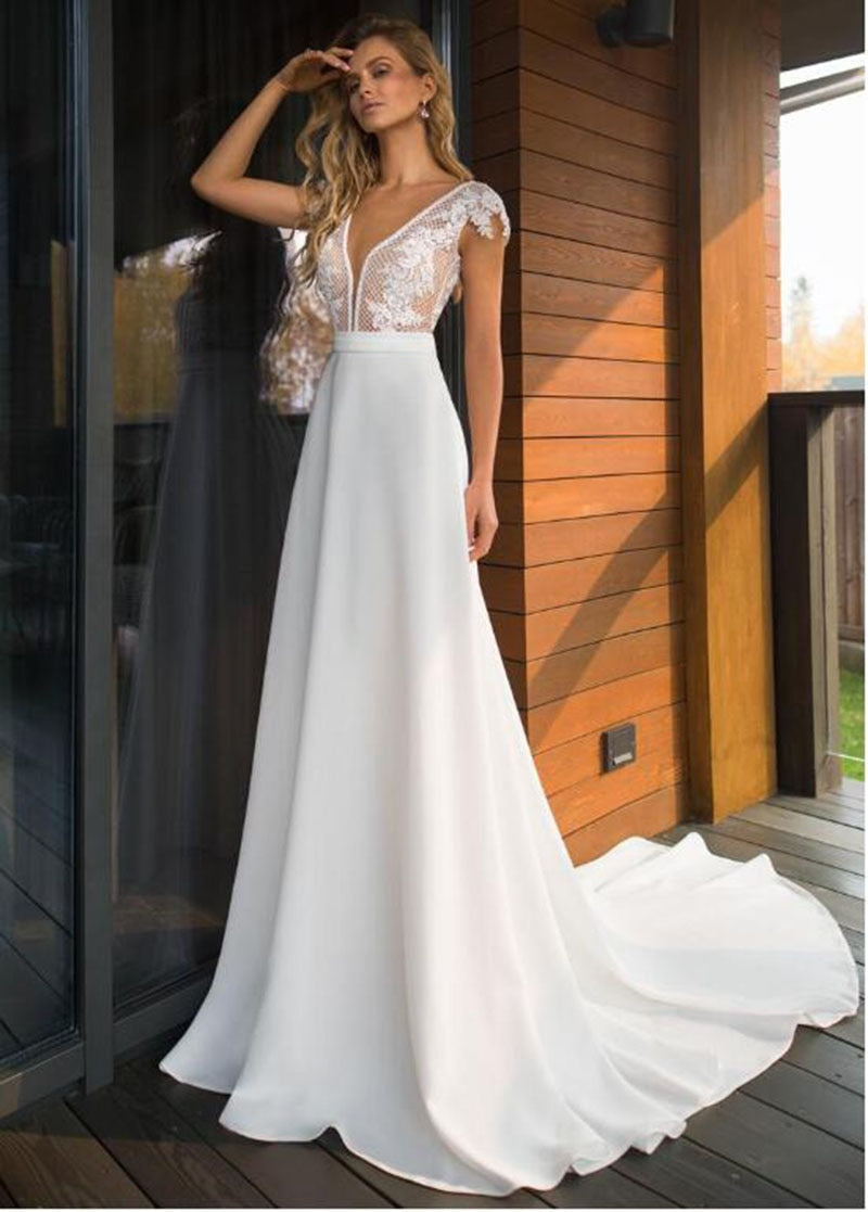 Elegant Satin V-neck A-line Boho Bridal Gowns Backless Plus size Wedding Dress The Clothing Company Sydney