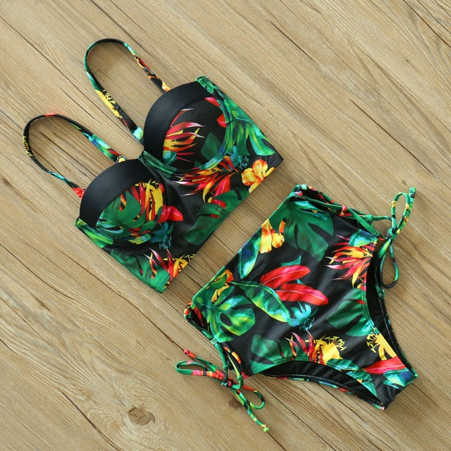 2 Piece Leaf Print Bikinis Women Swimsuit Vintage Retro Bathing Suit Halter High Waist Swimwear The Clothing Company Sydney