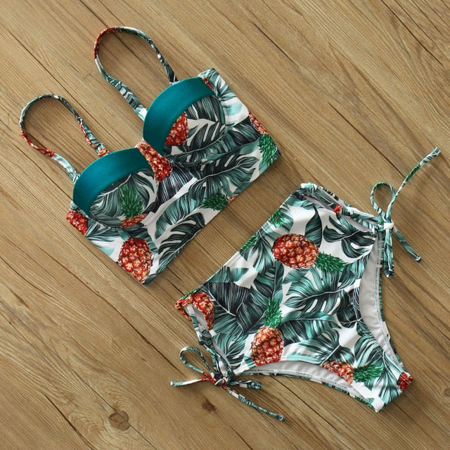 2 Piece Leaf Print Bikinis Women Swimsuit Vintage Retro Bathing Suit Halter High Waist Swimwear The Clothing Company Sydney