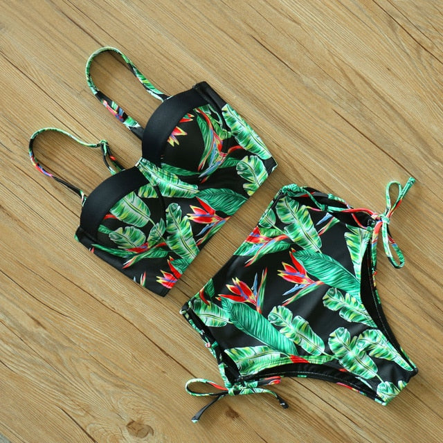 2 Piece Leaf Print Bikinis Women Swimsuit Vintage Retro Bathing Suit Halter High Waist Swimwear The Clothing Company Sydney