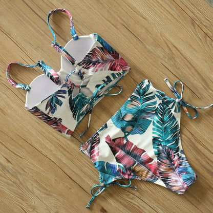 2 Piece Leaf Print Bikinis Women Swimsuit Vintage Retro Bathing Suit Halter High Waist Swimwear The Clothing Company Sydney