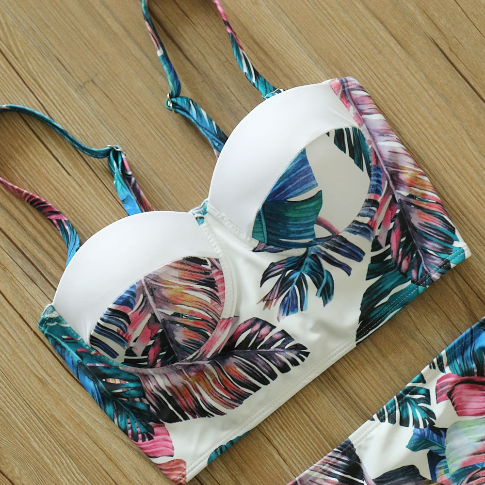 2 Piece Leaf Print Bikinis Women Swimsuit Vintage Retro Bathing Suit Halter High Waist Swimwear The Clothing Company Sydney