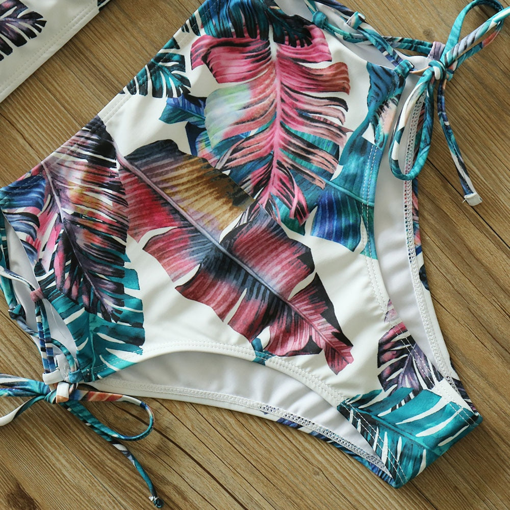 2 Piece Leaf Print Bikinis Women Swimsuit Vintage Retro Bathing Suit Halter High Waist Swimwear The Clothing Company Sydney