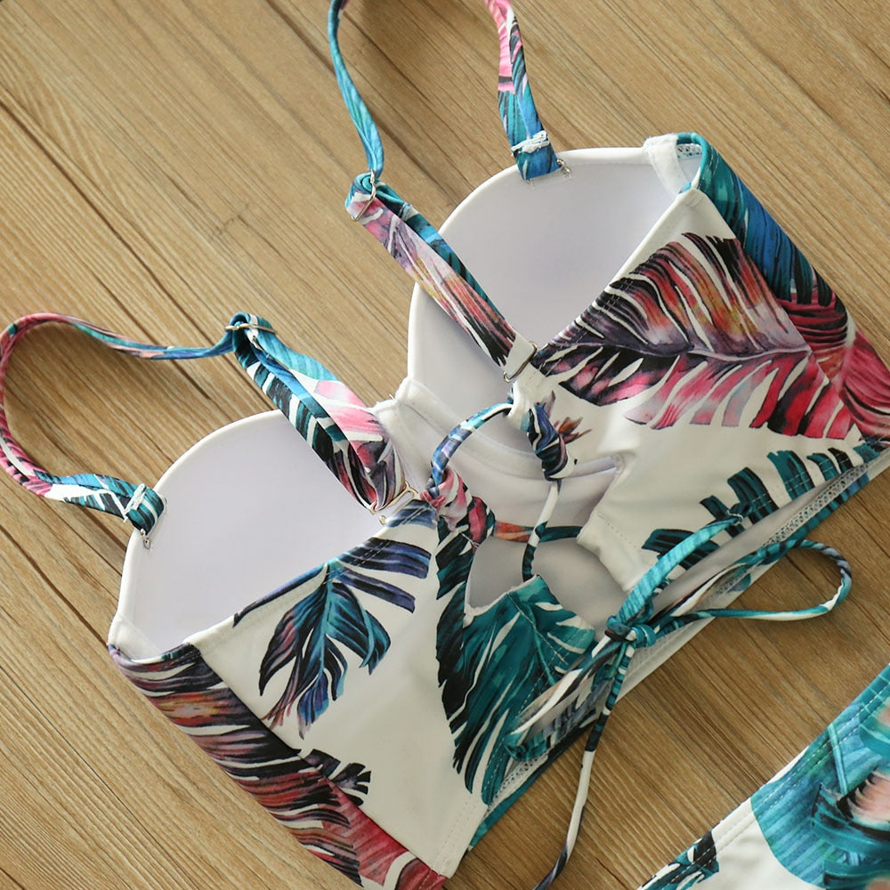 2 Piece Leaf Print Bikinis Women Swimsuit Vintage Retro Bathing Suit Halter High Waist Swimwear The Clothing Company Sydney