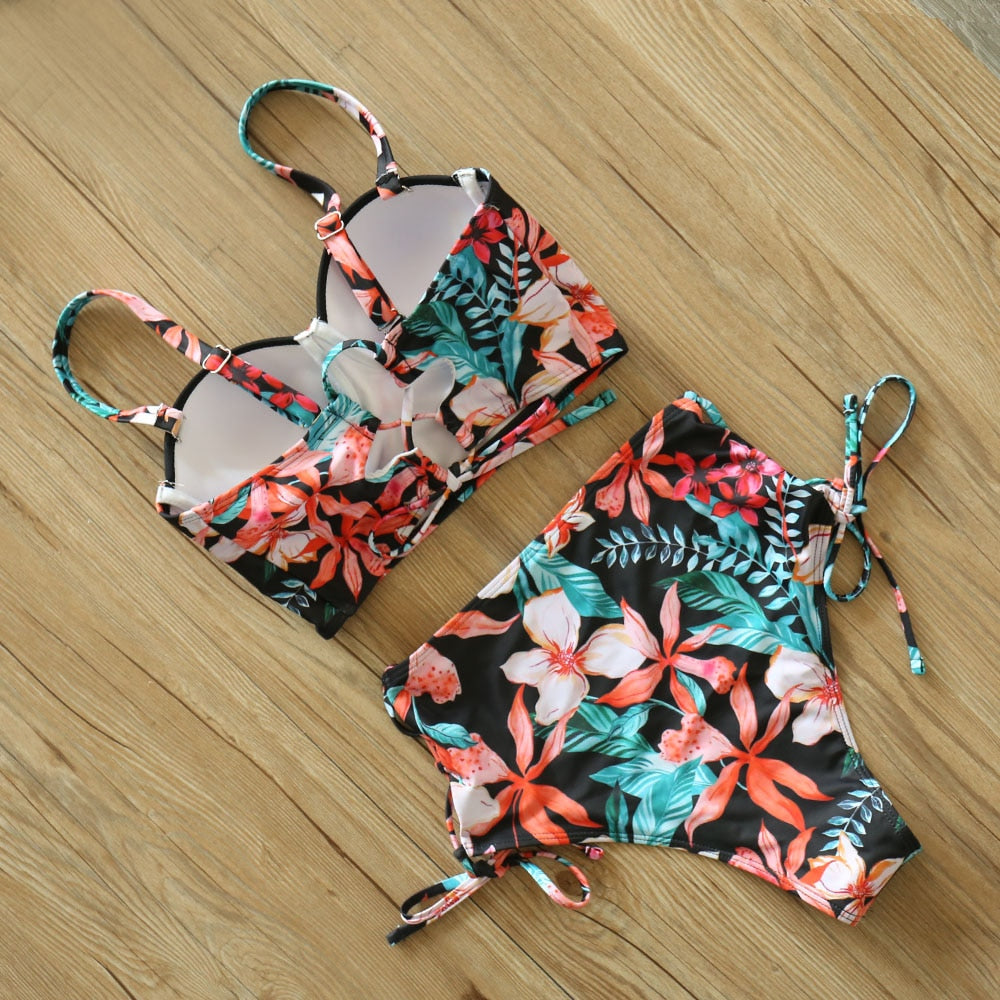 2 Piece Leaf Print Bikinis Women Swimsuit Vintage Retro Bathing Suit Halter High Waist Swimwear The Clothing Company Sydney
