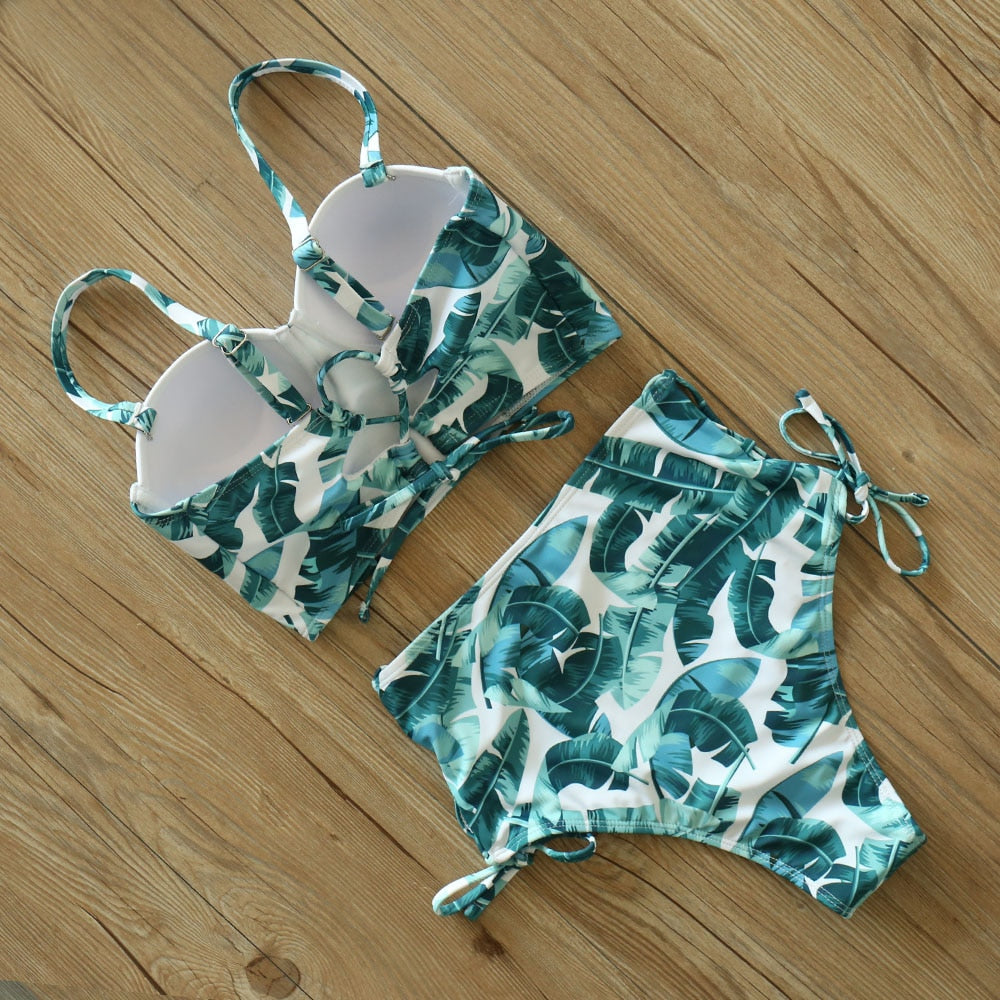 2 Piece Leaf Print Bikinis Women Swimsuit Vintage Retro Bathing Suit Halter High Waist Swimwear The Clothing Company Sydney
