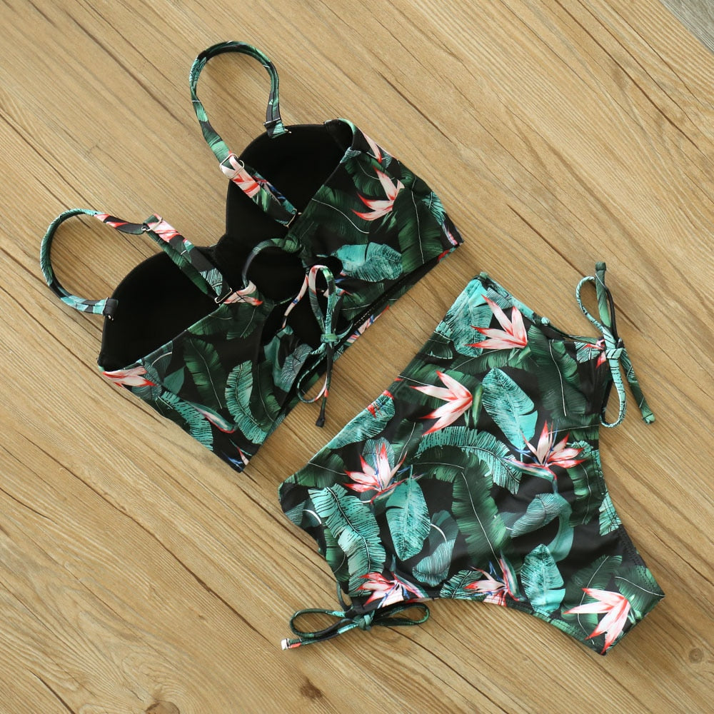 2 Piece Leaf Print Bikinis Women Swimsuit Vintage Retro Bathing Suit Halter High Waist Swimwear The Clothing Company Sydney